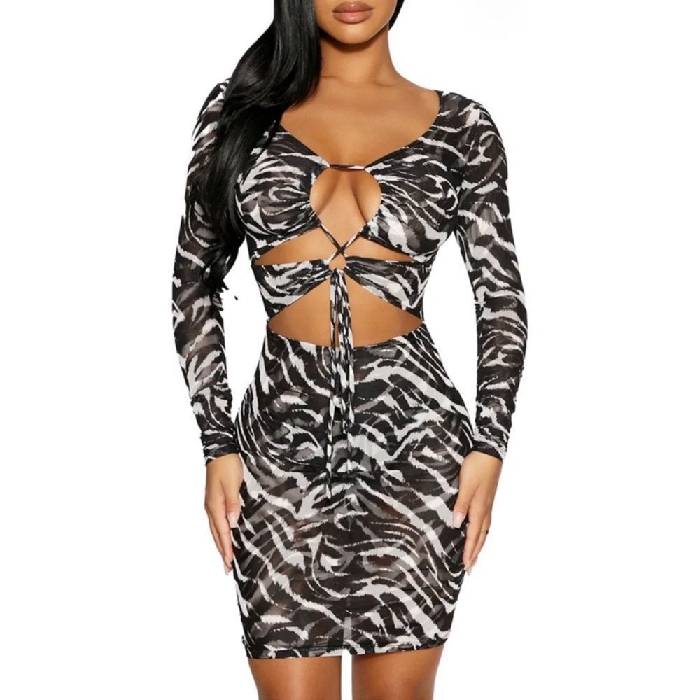 Naked Wardrobe Zebra Print Long Sleeve Mesh Cutout Mini Dress-XS